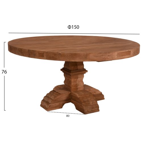 RUNDER TISCH PROVENCE RECYCLING. GESCHNITZTES BEIN AUS TEAKHOLZ - 8 cm. OBERFLÄCHE Φ150x76cm