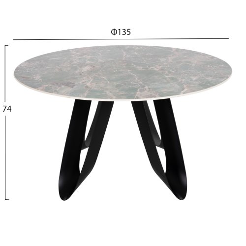 RUNDER ESSTISCH TISCHPLATTE AUS GRAUEM MARMOR UND KERAMIK, SCHWARZE METALLBEINE, Φ135 x 74 Hcm