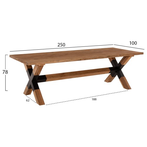ESSTISCH FUSSBEINE AUS MASSIVEM RECYCELTEM TEAKHOLZ MIT METALL, 250 x 100 x 78 Hcm
