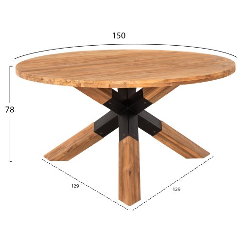 RUNDER ESSTISCH AUS TEAKHOLZ MIT KREUZBEIN DESIGN UND METALLBEINEN Φ150x78cm