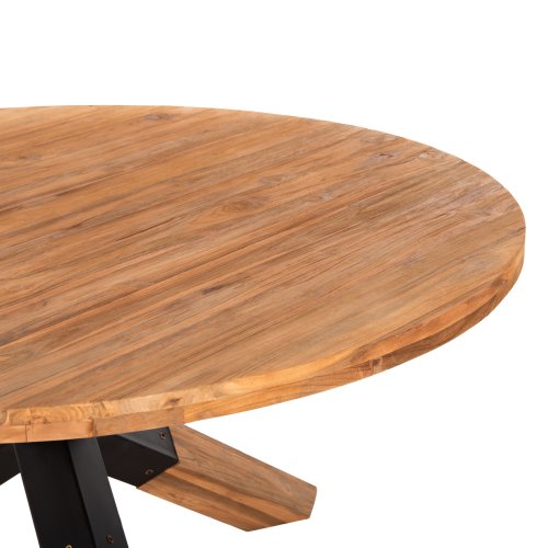 RUNDER ESSTISCH AUS TEAKHOLZ MIT KREUZBEIN DESIGN UND METALLBEINEN Φ150x78cm