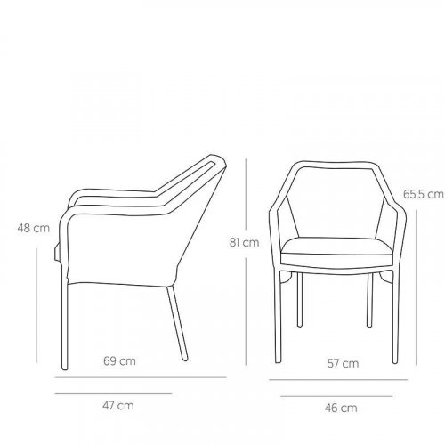 Outdoor Sessel "Baleric" aus Aluminium und Seilgeflecht in olivgrün 68x81,5x48x57 cm stapelbar