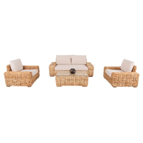 OUTDOOR-LOUNGE-SET 4-teilig MANGOHOLZ-SOFA-SITZER-2 SESSEL-COUCHTISCH