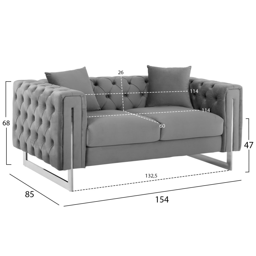 SOFA 2-SITZER t.CHESTERFIELD MOBAR GRAU SAMT-METALLBEINE 154x85x68Hcm