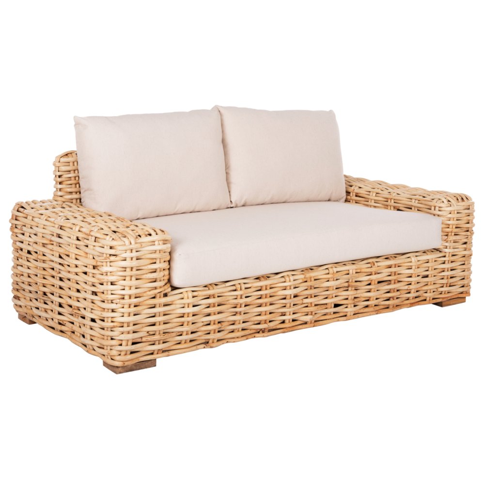 OUTDOOR-SOFA 2-SITZER MANGOHOLZ IN NATURFARBE-WEIßE KISSEN 192x88x70-85