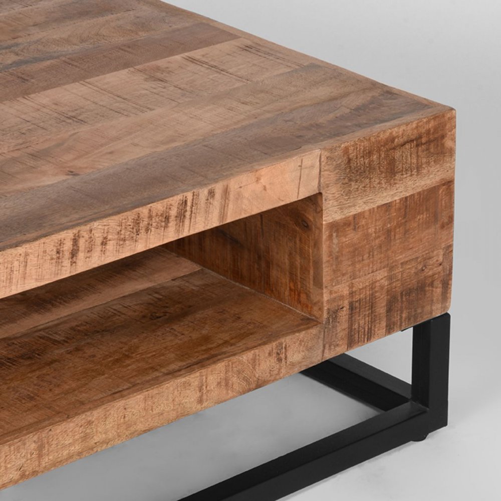 Couchtisch Cube 80x80x40 cm Raues Mangoholz | Schwarzes Metall