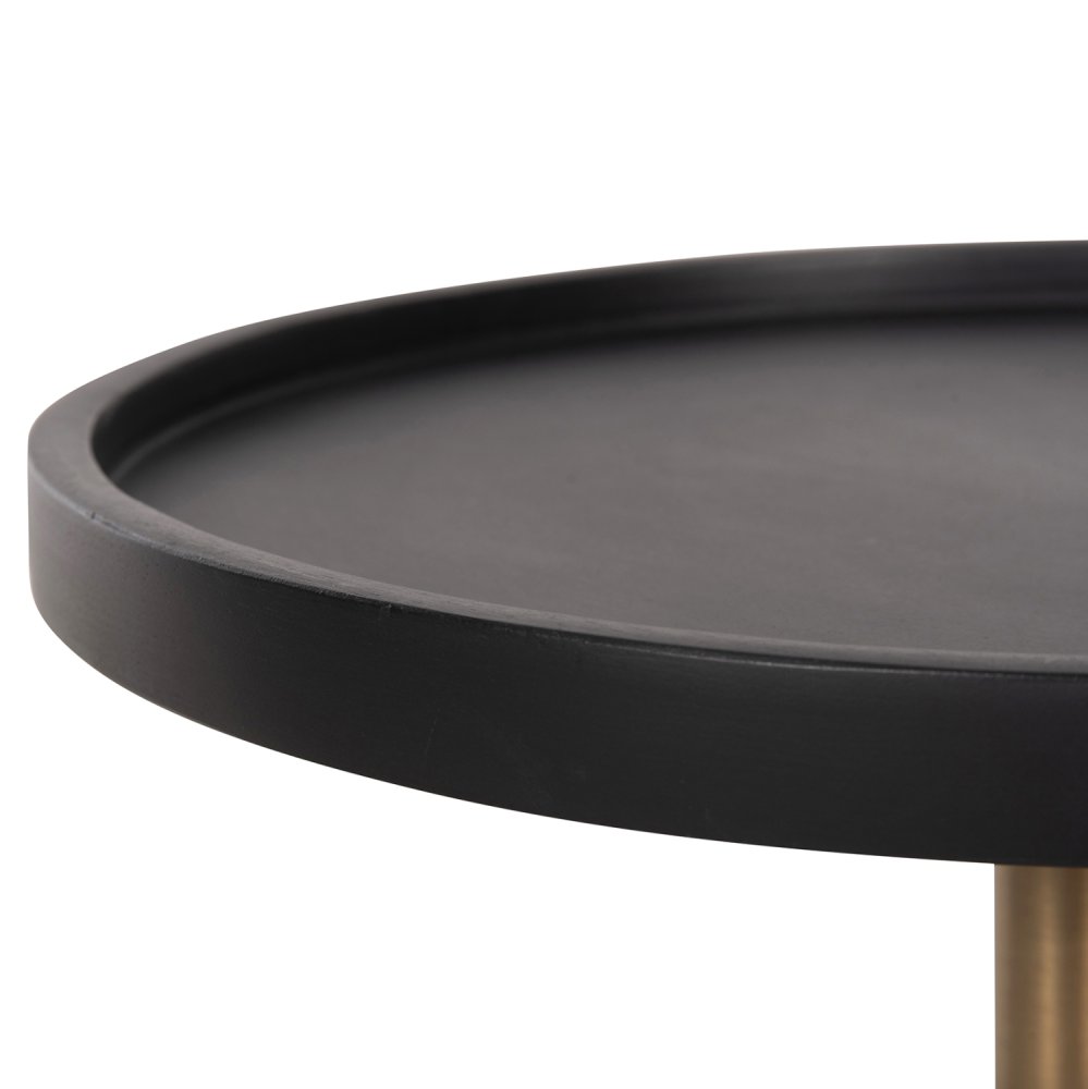 BEISTELLTISCH RUBIN, Platte aus Mangoholz in Schwarz, Sockel aus Metall in Messinggold, 35 x 35 x 59 cm