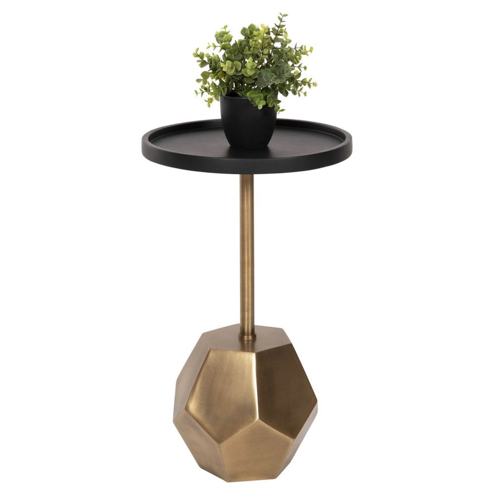 BEISTELLTISCH RUBIN, Platte aus Mangoholz in Schwarz, Sockel aus Metall in Messinggold, 35 x 35 x 59 cm