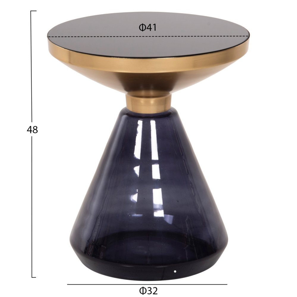 BEISTELLTISCH DEMMY, SCHWARZE GLASPLATTE UND LILA GLASBASIS, GOLDENER „HALS“ Φ41x48Hcm