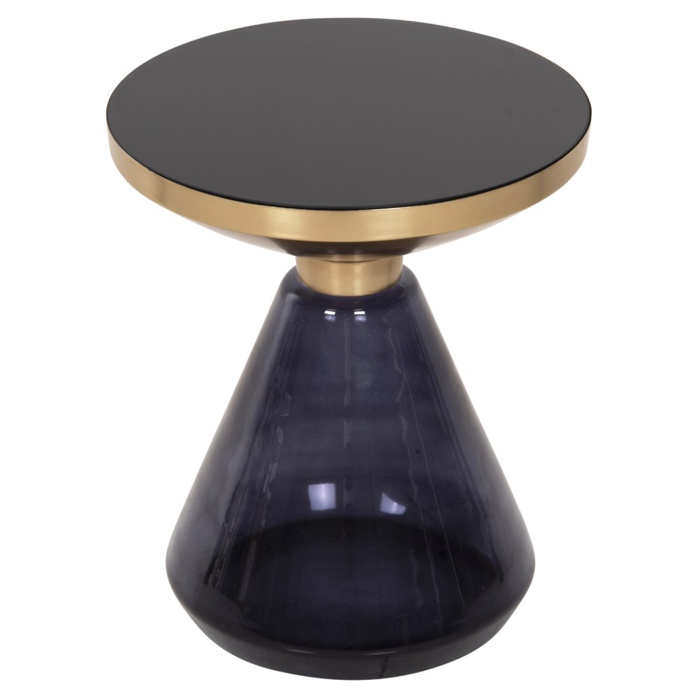 BEISTELLTISCH DEMMY, SCHWARZE GLASPLATTE UND LILA GLASBASIS, GOLDENER „HALS“ Φ41x48Hcm