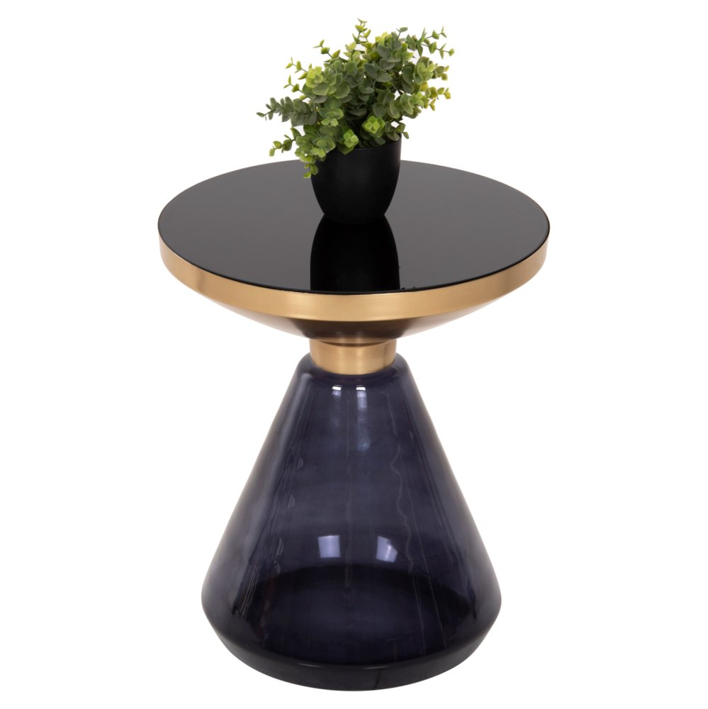 BEISTELLTISCH DEMMY, SCHWARZE GLASPLATTE UND LILA GLASBASIS, GOLDENER „HALS“ Φ41x48Hcm