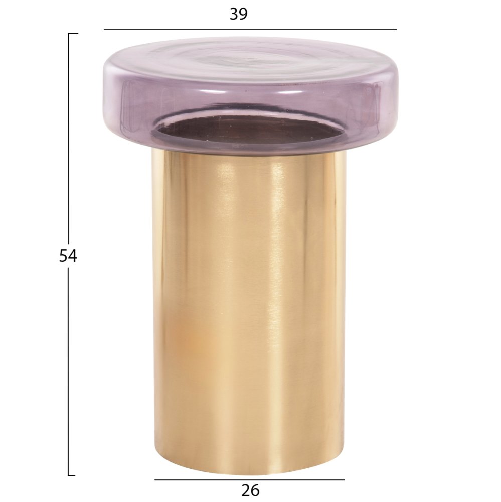 Runder Beistelltisch Carmo, violette Glasplatte, goldener Metallsockel, Φ39Χ54Hcm