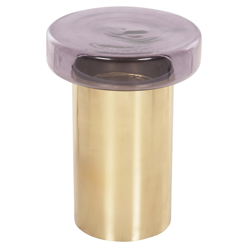 Runder Beistelltisch Carmo, violette Glasplatte, goldener Metallsockel, Φ39Χ54Hcm