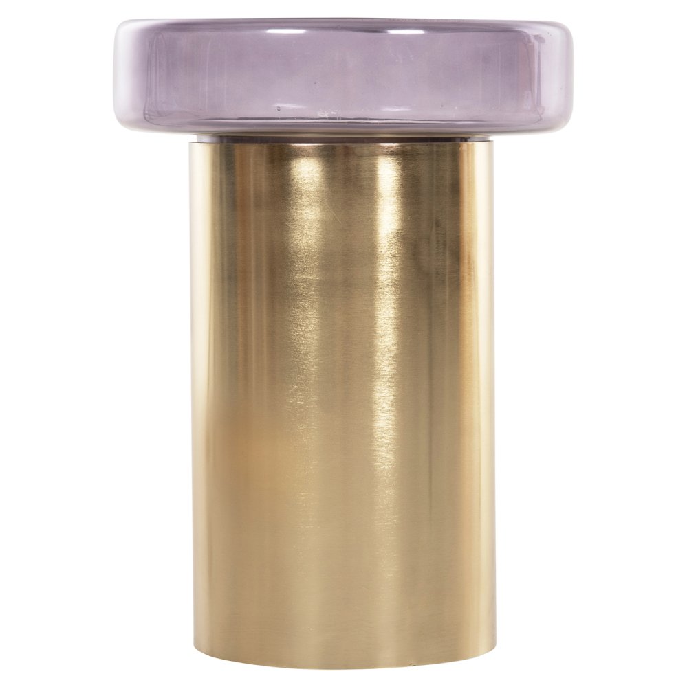 Runder Beistelltisch Carmo, violette Glasplatte, goldener Metallsockel, Φ39Χ54Hcm
