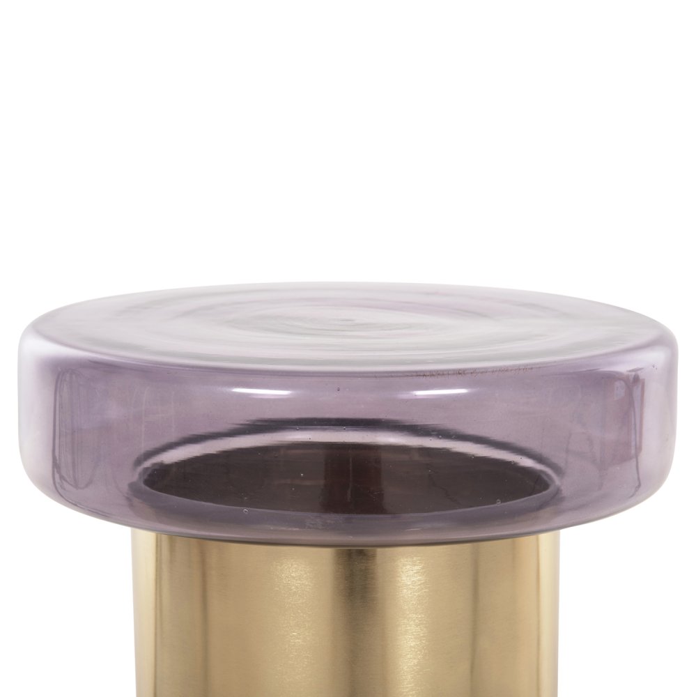 Runder Beistelltisch Carmo, violette Glasplatte, goldener Metallsockel, Φ39Χ54Hcm
