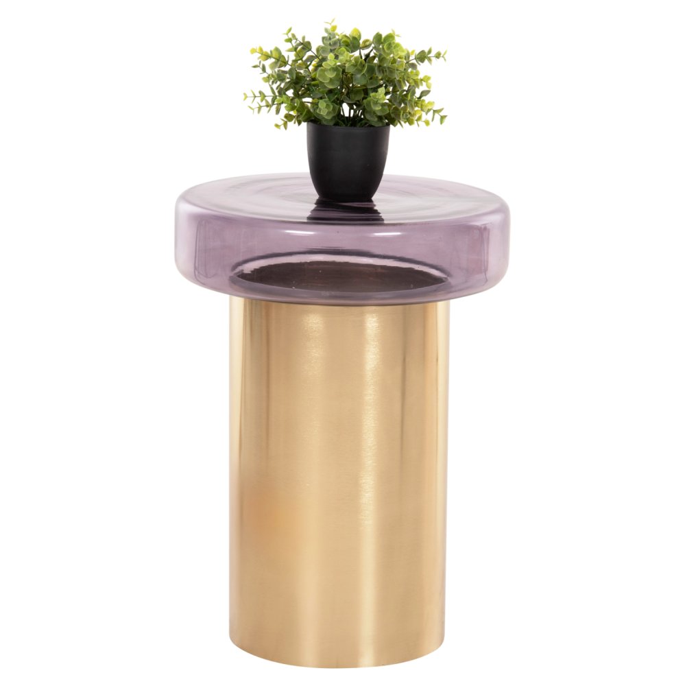 Runder Beistelltisch Carmo, violette Glasplatte, goldener Metallsockel, Φ39Χ54Hcm