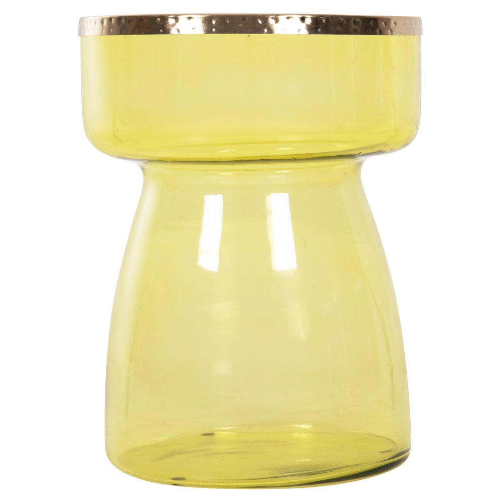 BEISTELLTISCH RANE HELLGRÜNES GLAS, METALLPLATTE IN GOLD, Φ36x47Hcm