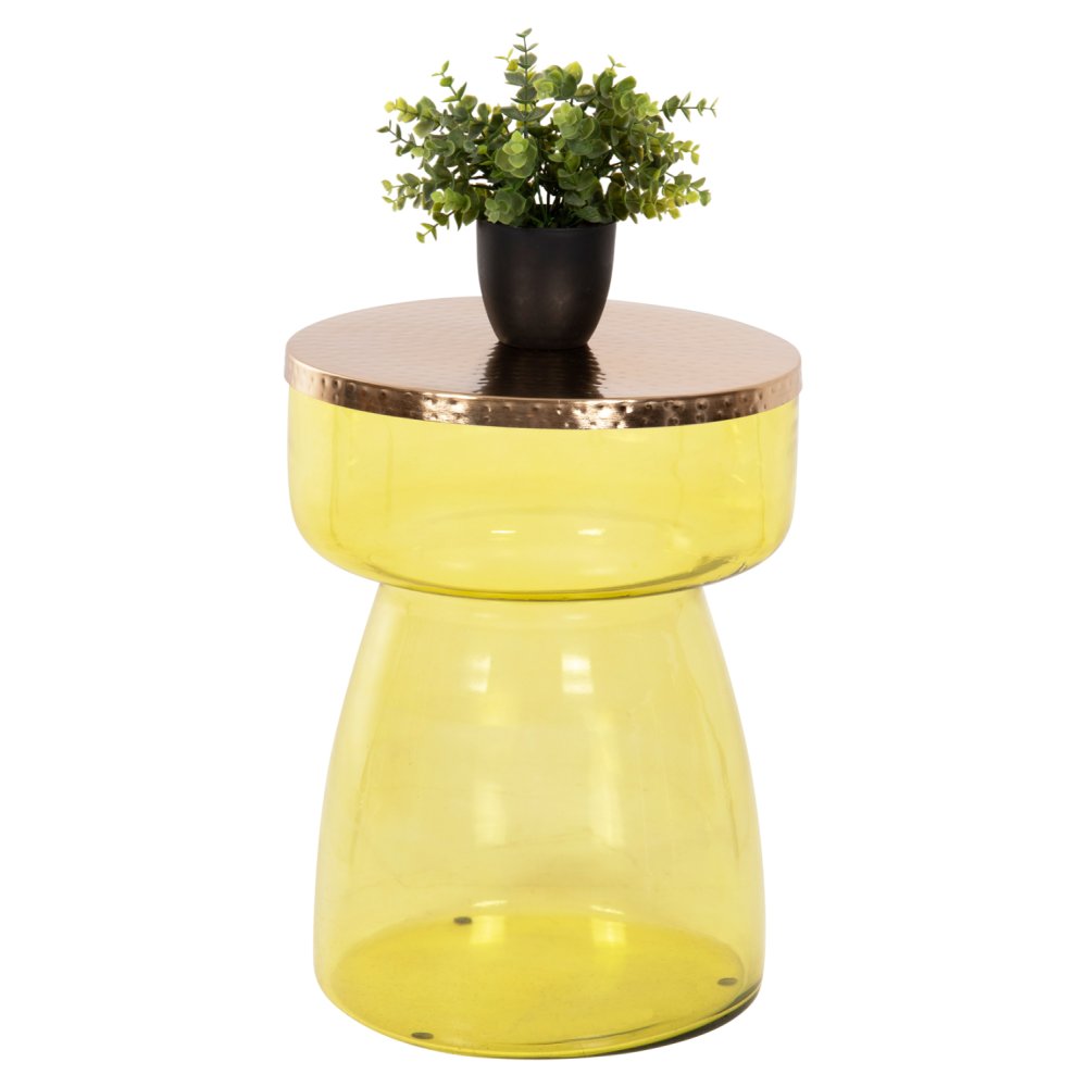 BEISTELLTISCH RANE HELLGRÜNES GLAS, METALLPLATTE IN GOLD, Φ36x47Hcm