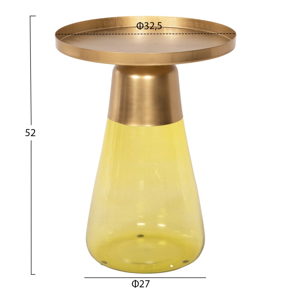 BEISTELLTISCH VALERY HELLGRÜNES GLAS, METALLPLATTE IN GOLD, Φ39,5x52Hcm