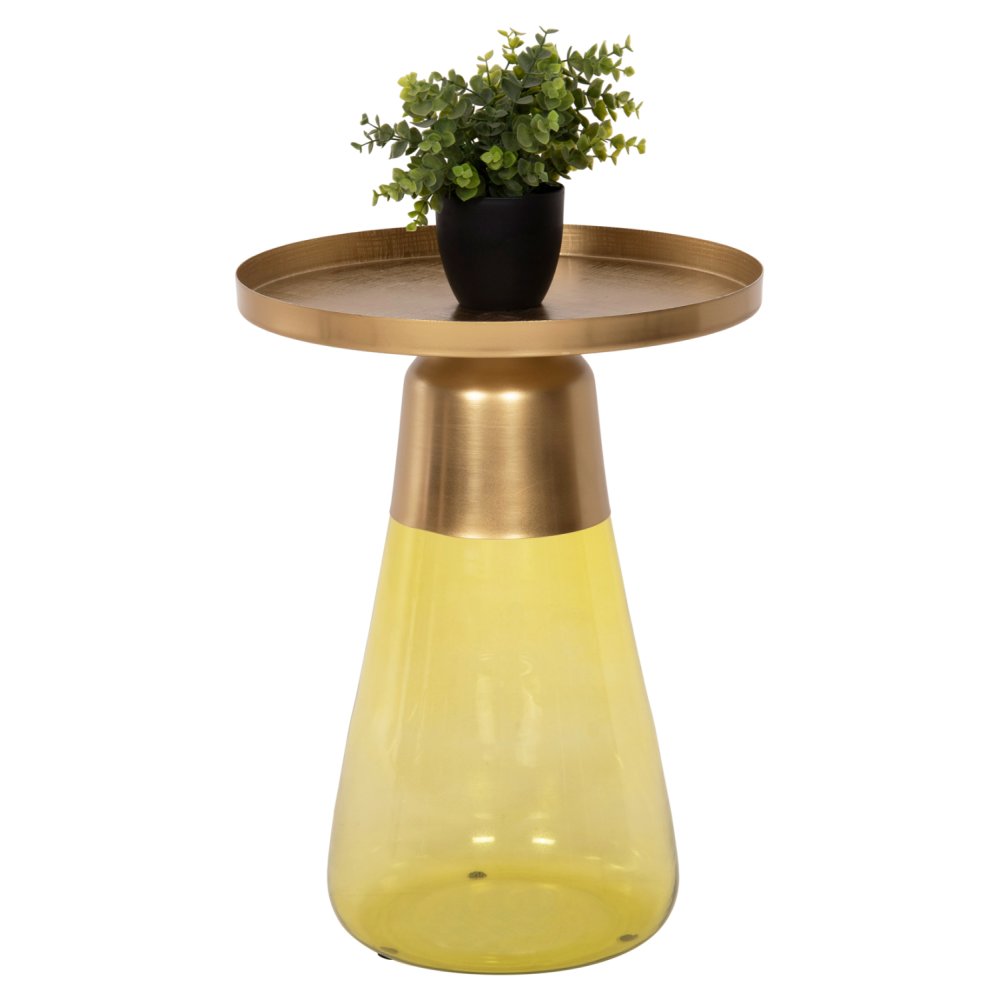 BEISTELLTISCH VALERY HELLGRÜNES GLAS, METALLPLATTE IN GOLD, Φ39,5x52Hcm