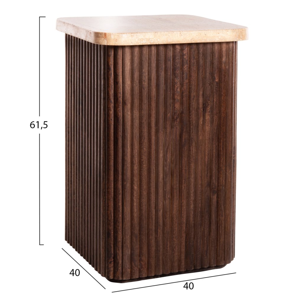 BEISTELLTISCH QUADRATISCH GLADYS MASSIVES MANGOHOLZ-WEISSER TRAVERTIN 40x40x60Hcm