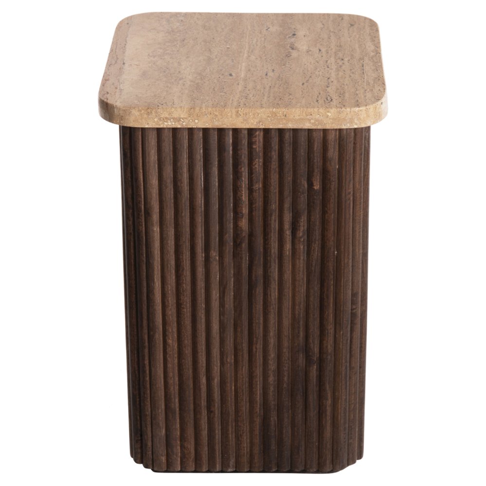 BEISTELLTISCH QUADRATISCH GLADYS MASSIVES MANGOHOLZ-WEISSER TRAVERTIN 40x40x60Hcm
