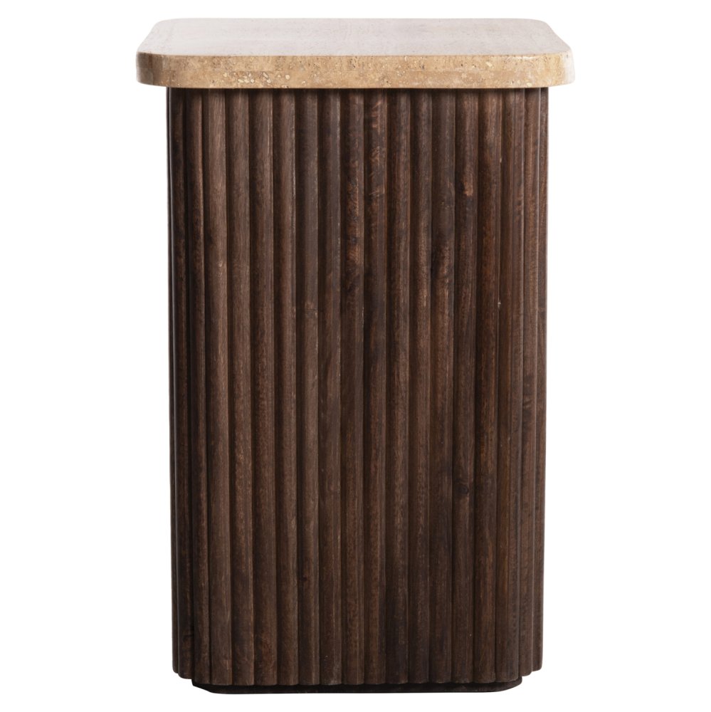 BEISTELLTISCH QUADRATISCH GLADYS MASSIVES MANGOHOLZ-WEISSER TRAVERTIN 40x40x60Hcm