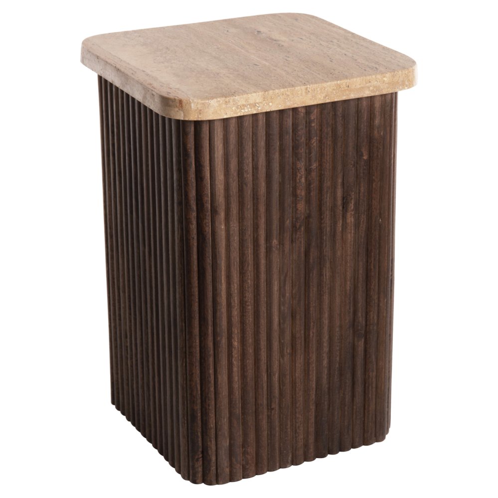 BEISTELLTISCH QUADRATISCH GLADYS MASSIVES MANGOHOLZ-WEISSER TRAVERTIN 40x40x60Hcm