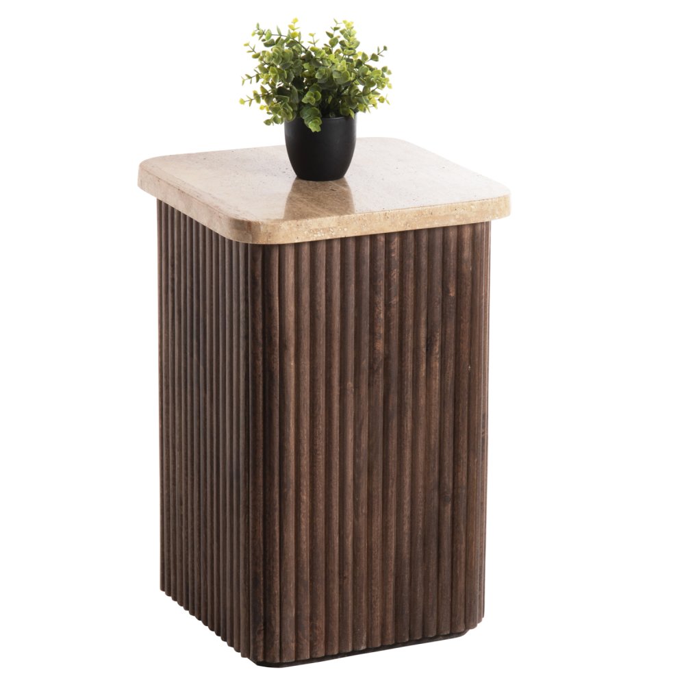 BEISTELLTISCH QUADRATISCH GLADYS MASSIVES MANGOHOLZ-WEISSER TRAVERTIN 40x40x60Hcm