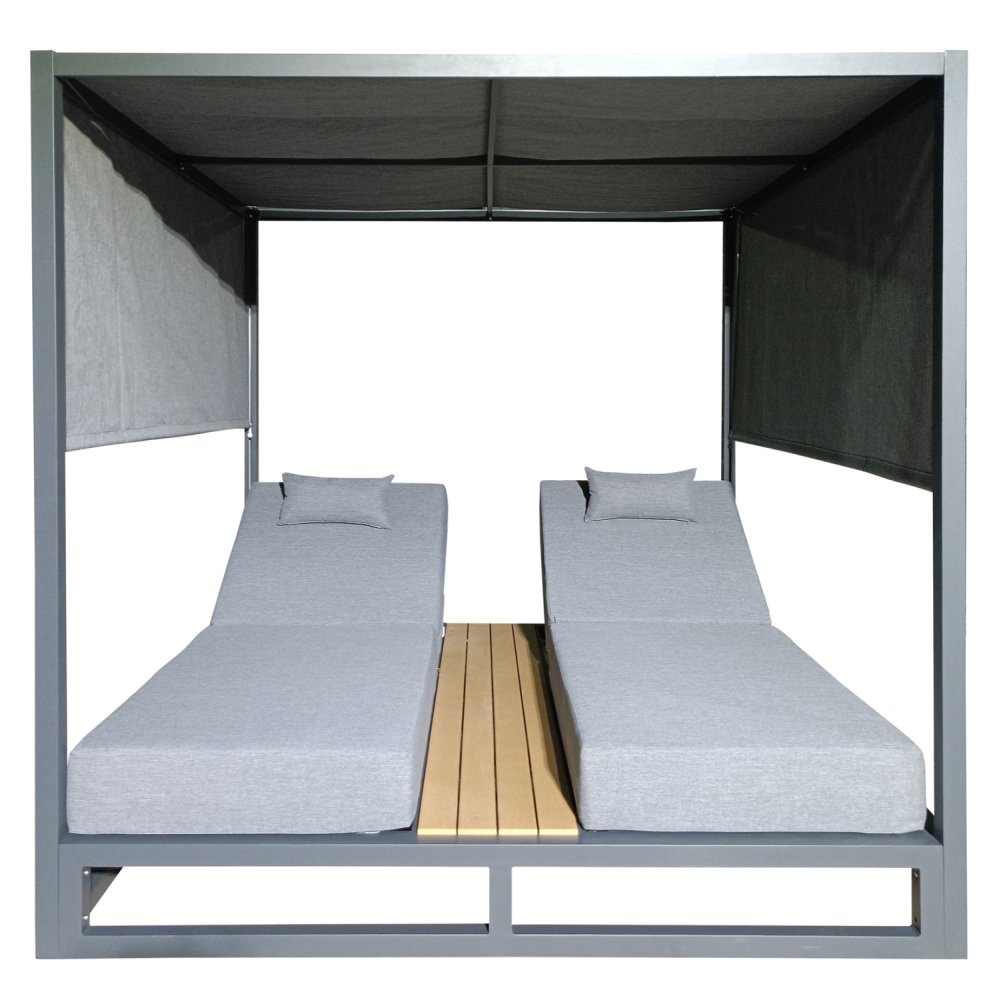 DOUBLE LOUNGE SUNBEDS IN A CUBE WITH SUNSHADES ALUMINUM IN GREY 2x2x2m