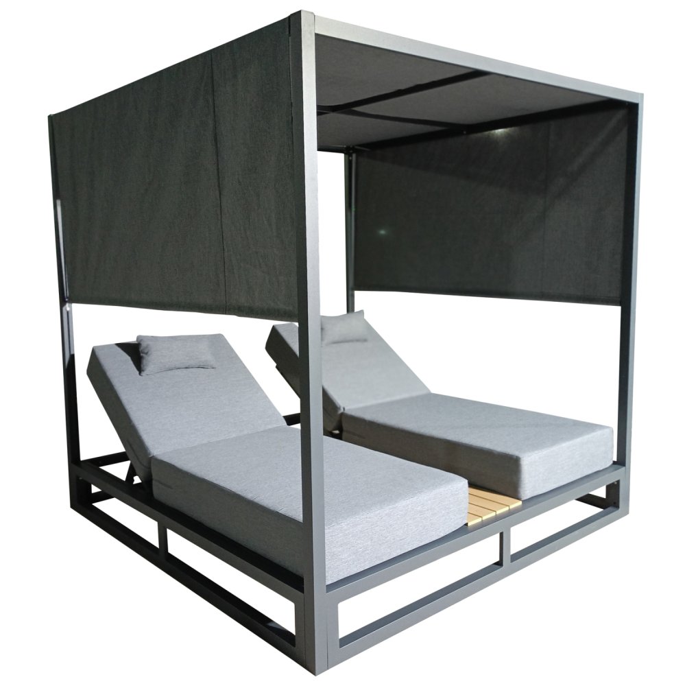DOUBLE LOUNGE SUNBEDS IN A CUBE WITH SUNSHADES ALUMINUM IN GREY 2x2x2m