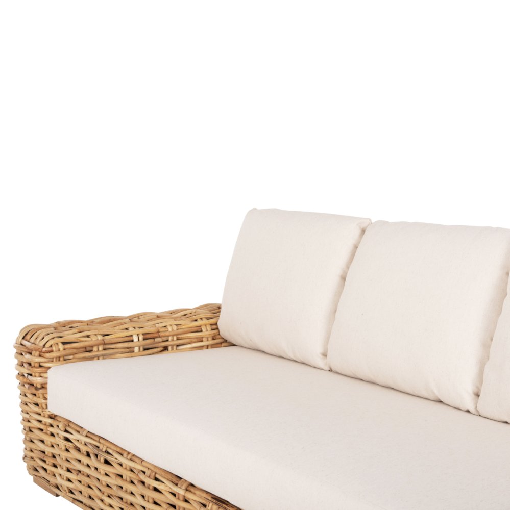 OUTDOOR-SOFA 3-SITZER MANGOHOLZ IN NATURFARBE-WEIßE KISSEN 216x88x70-85Hcm