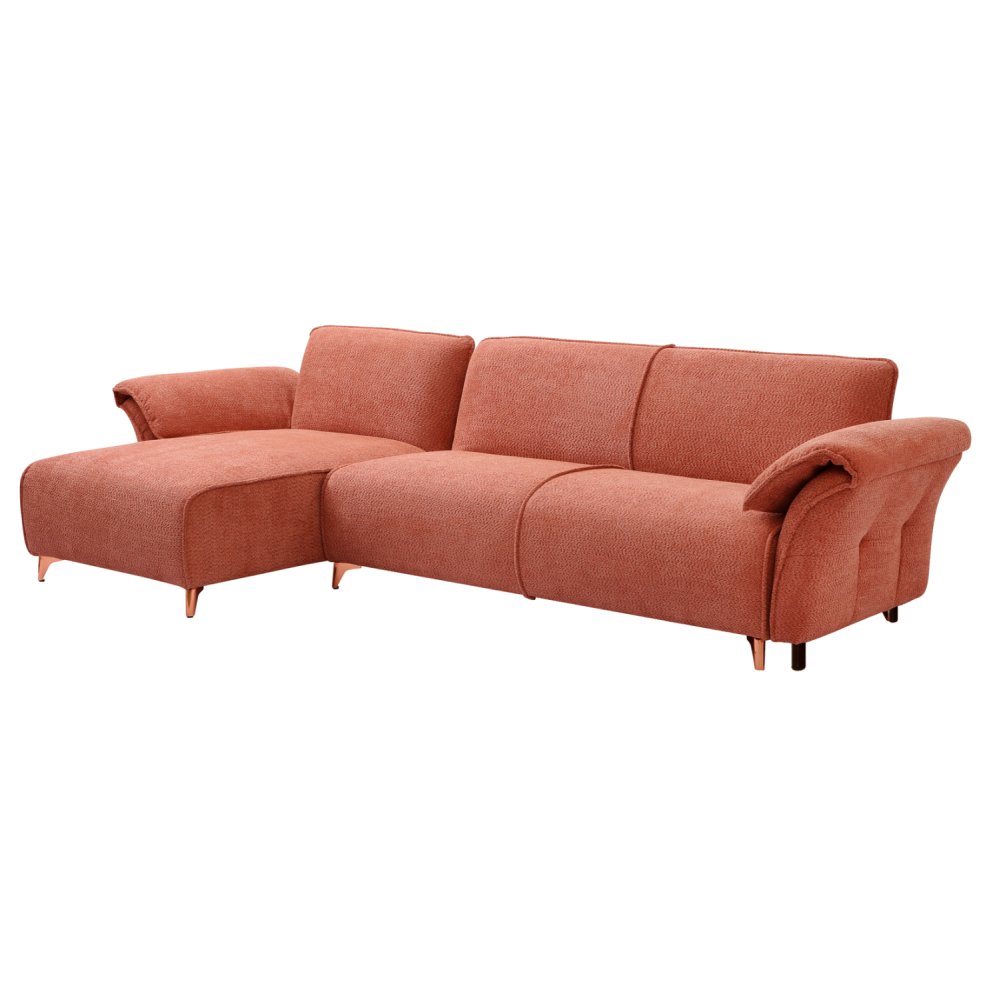 ECKSOFA MIT WENDBAREM SCHLAFMODELL MAILO, ORANGE STOFF, METALLBEINE 300x150x80Hcm
