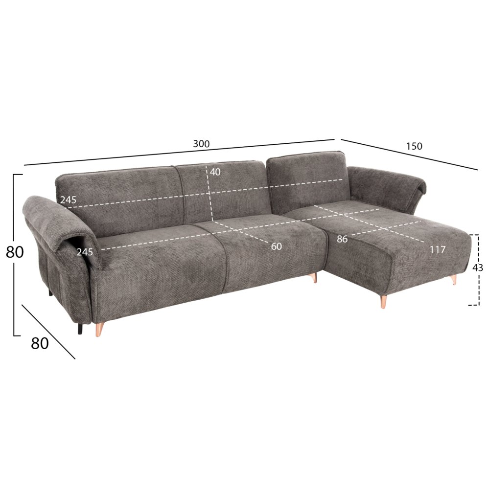 ECKSOFA MIT WENDBAREM SCHLAFMODELL MAILO, STOFF IN DUNKELGRAU – BEINE AUS METALL, 300 x 150 x 80 cm