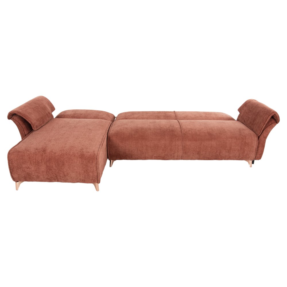 ECKSOFA MIT WENDBAREM SCHLAFMODELL MAILO, ORANGE STOFF, METALLBEINE 300x150x80Hcm