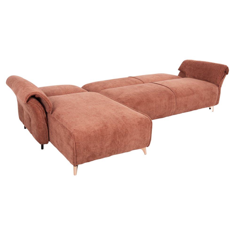 ECKSOFA MIT WENDBAREM SCHLAFMODELL MAILO, ORANGE STOFF, METALLBEINE 300x150x80Hcm