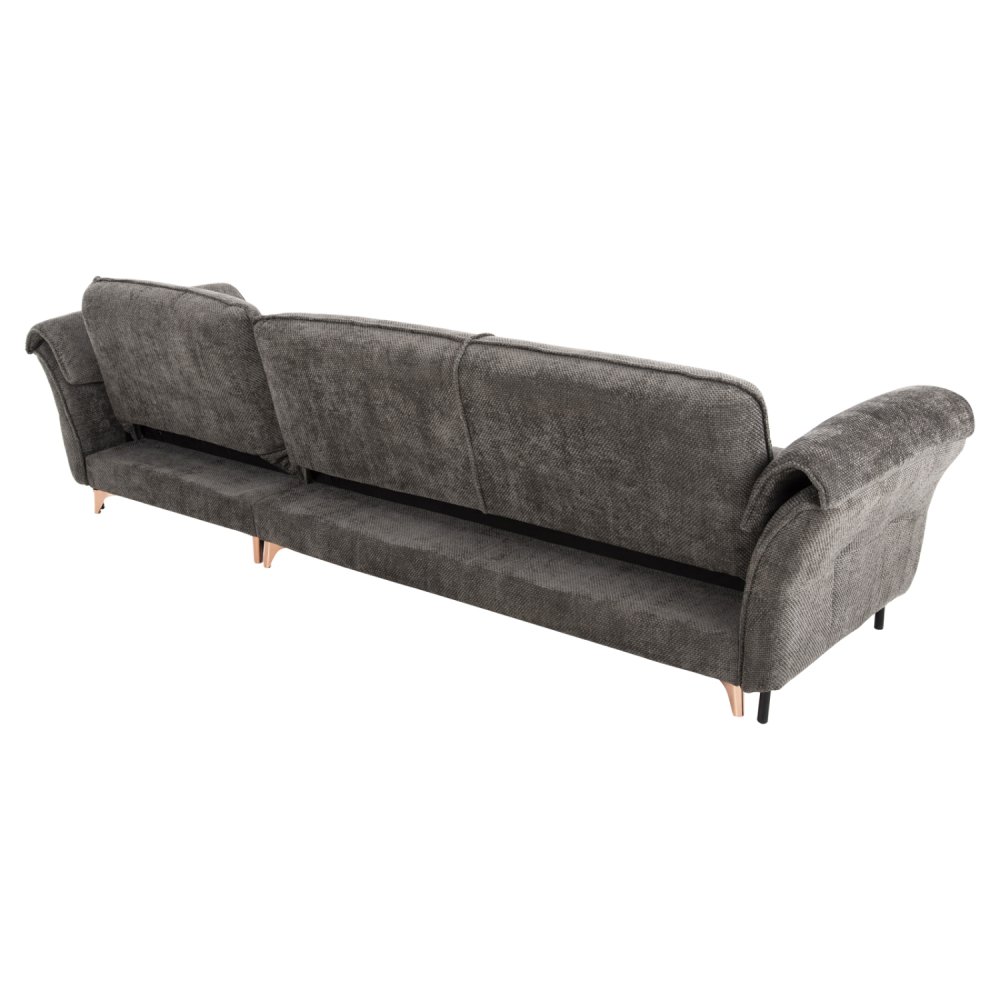 ECKSOFA MIT WENDBAREM SCHLAFMODELL MAILO, STOFF IN DUNKELGRAU – BEINE AUS METALL, 300 x 150 x 80 cm