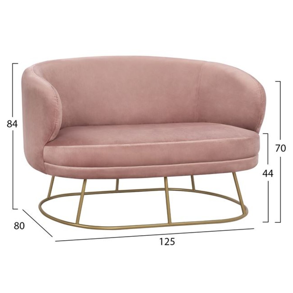 Two-seater ARIEN sofa in rosé color with a gold metal base