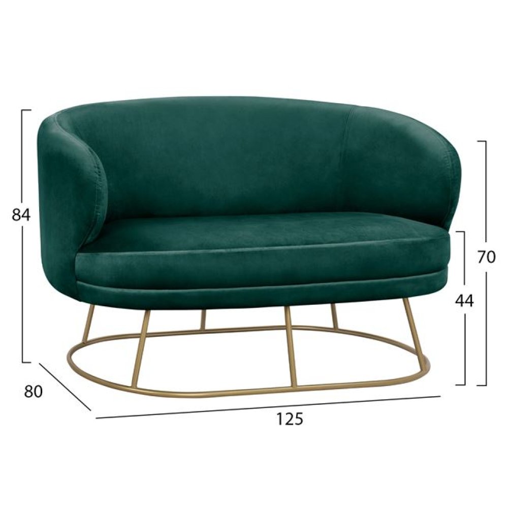 ARIEN Zweisitzer-Sofa in Farbe Grün mit goldener Metallbasis.