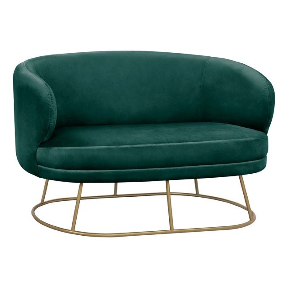 ARIEN Zweisitzer-Sofa in Farbe Grün mit goldener Metallbasis.