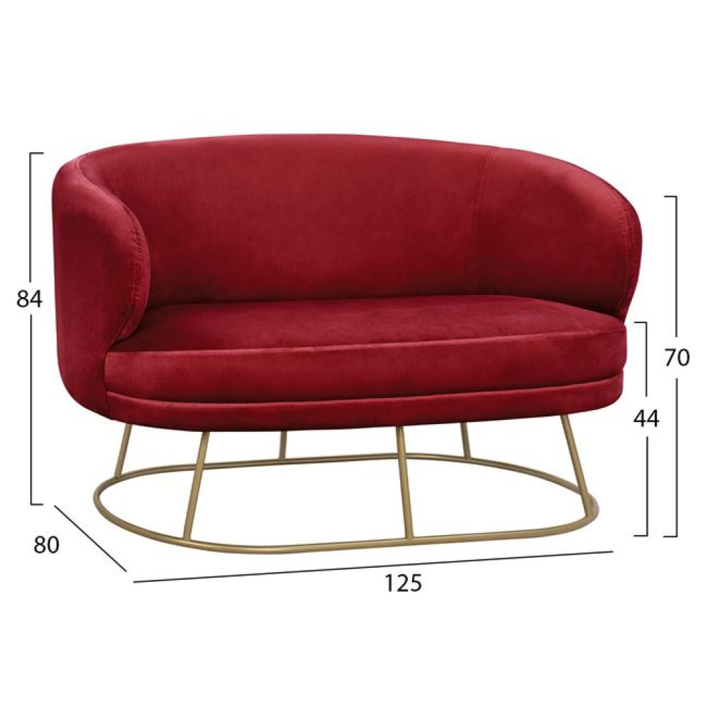 ARIEN two-seater sofa in red with a gold metal base.