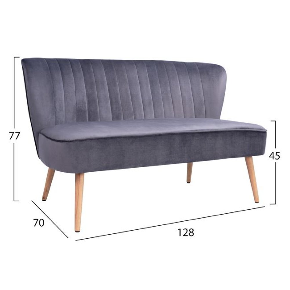Zweisitzer ANDY Sofa mit Samtstoff in Grauton und Holzbeinen in Naturton.