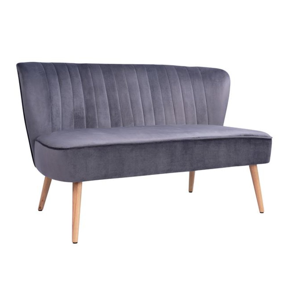 Zweisitzer ANDY Sofa mit Samtstoff in Grauton und Holzbeinen in Naturton.