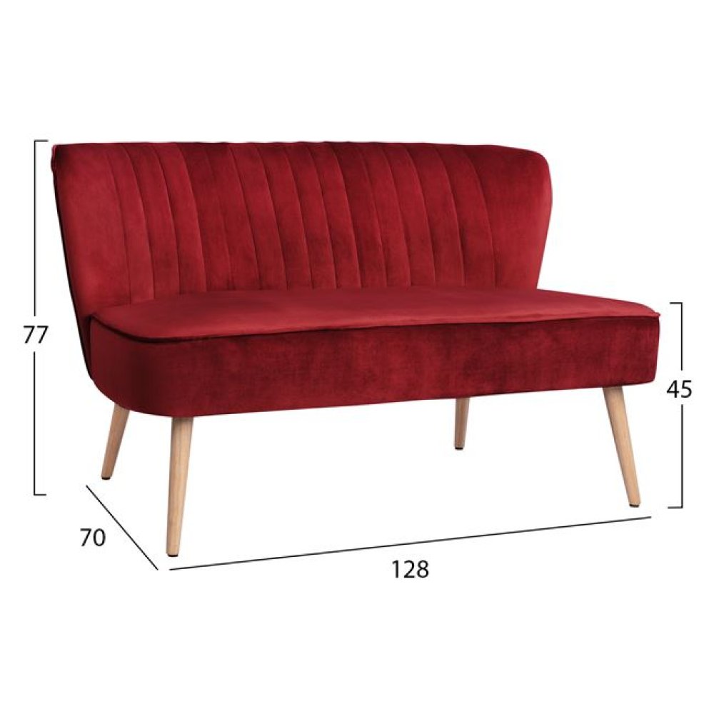 Zweisitzer ANDY Sofa mit Samtstoff in Rot und Holzbeinen in Naturton.