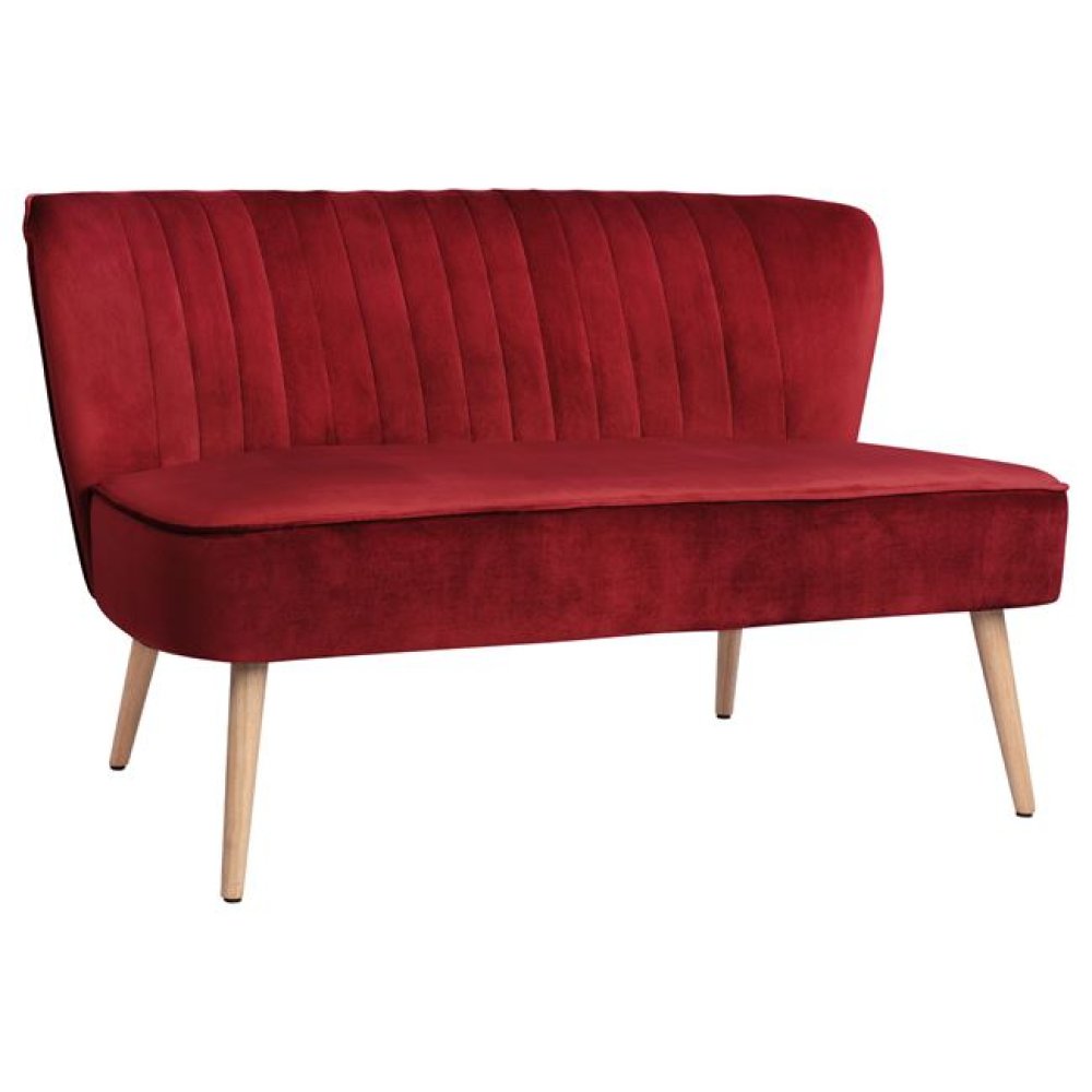Zweisitzer ANDY Sofa mit Samtstoff in Rot und Holzbeinen in Naturton.