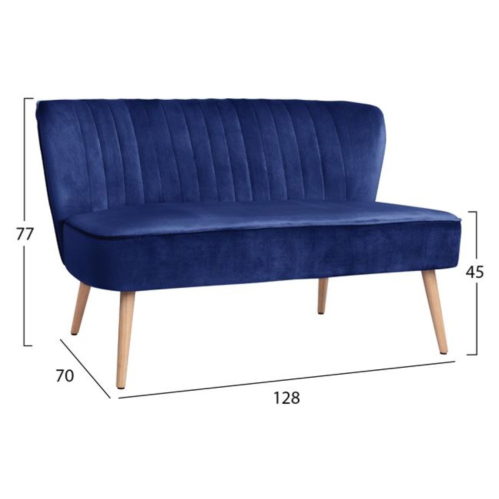 Zweisitzer ANDY Sofa mit Samtstoff in Farbe Blau und Holzbeinen in Naturton.