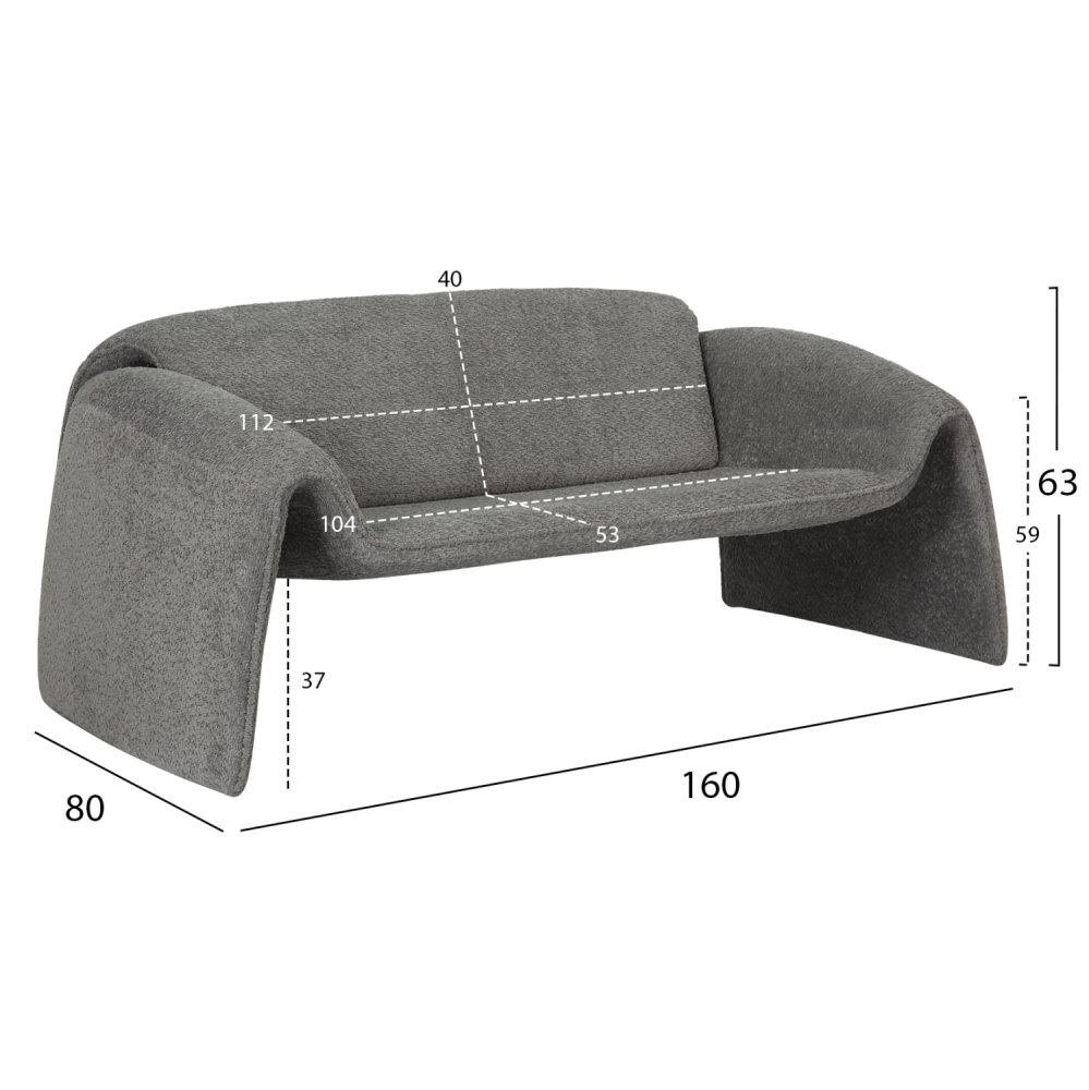SOFA 2-SEATER TREK METAL FRAME-GREY FABRIC 160x80x63Hcm