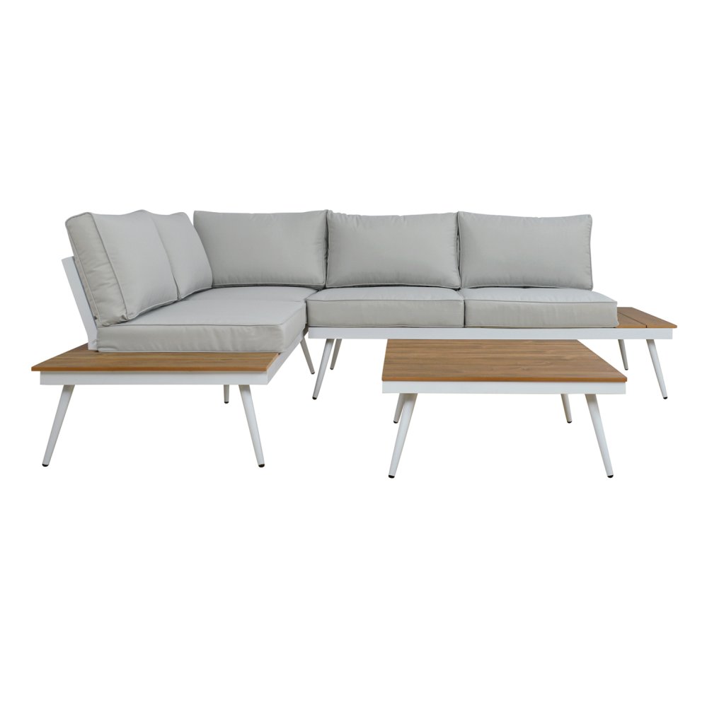 Corner sofa with large fabric cushions in gray