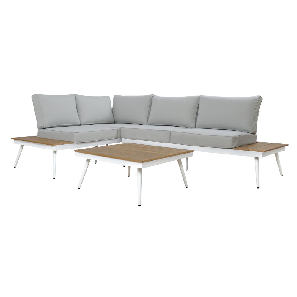 Corner sofa with large fabric cushions in gray
