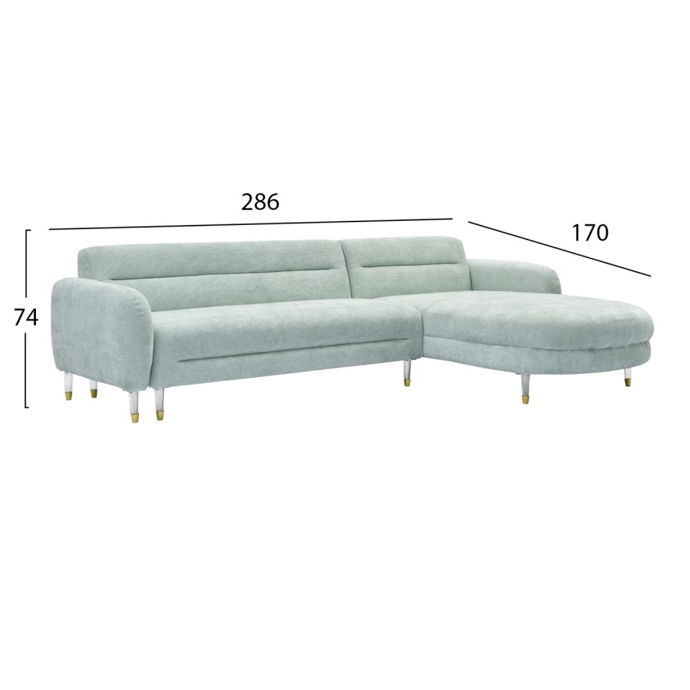 WENDBARES ECKSOFA FLYER, MINZ FARBE STOFF, HOHE BEINE AUS METALL, 285 x 86 – 172 x 74 Hcm